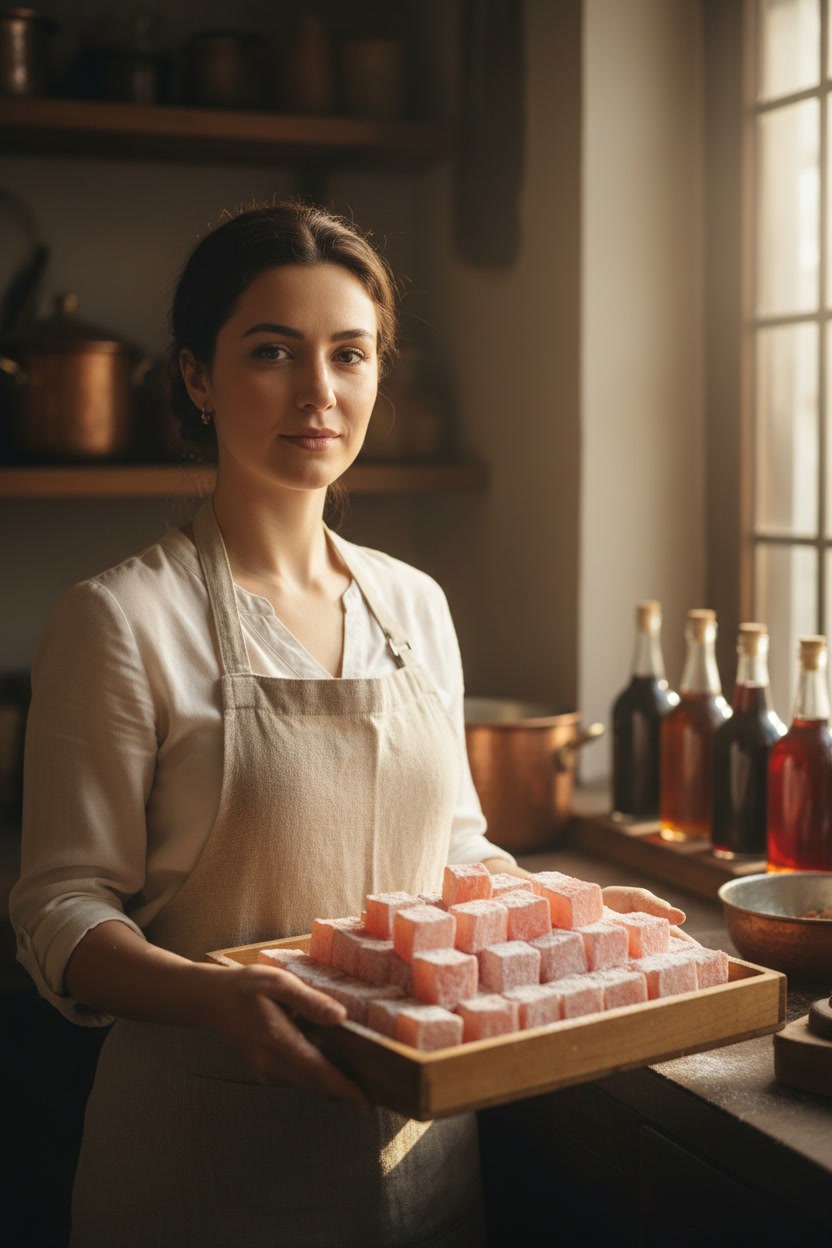 Gül suyu aromalı lokumun makro çekimi
